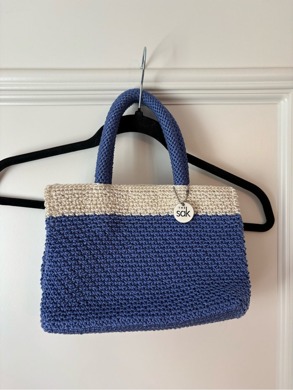 The Sak Blue & Cream Crochet Woven Top Handle Handbag
